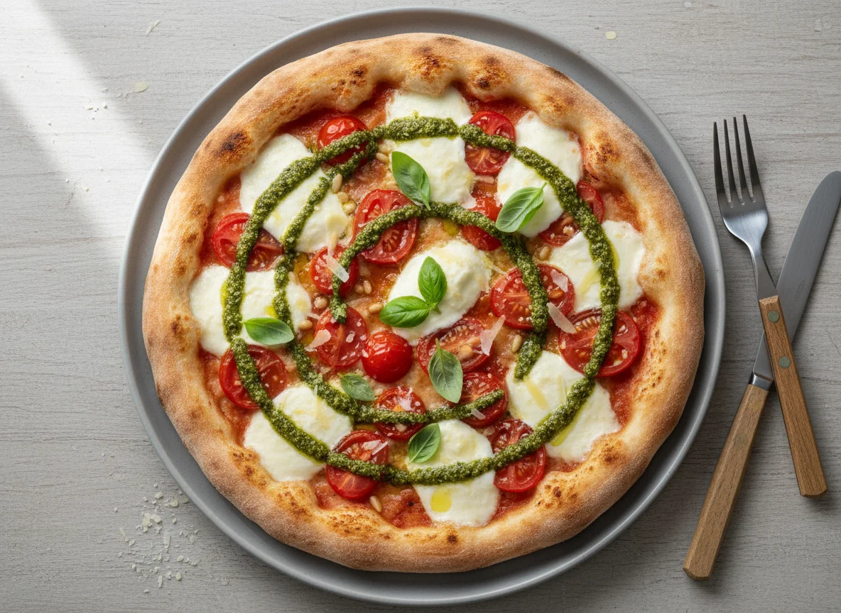 Pizza mit Mozzarella, Tomaten und Pesto photo