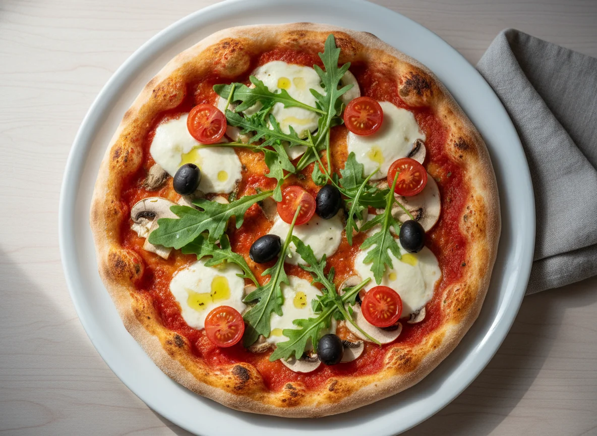 Pizza mit Mozzarella, Tomaten und Rucola photo