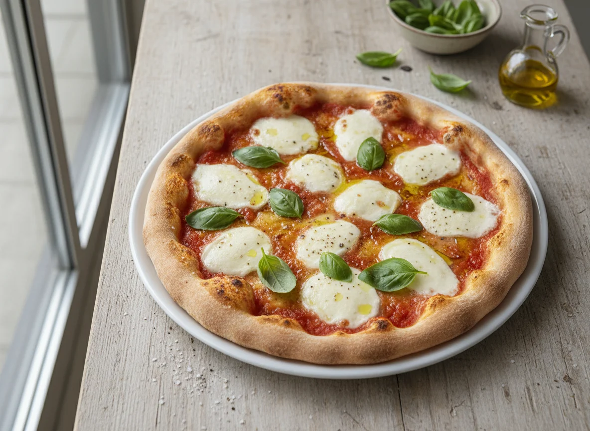 Pizza mit Mozzarella und Basilikum photo