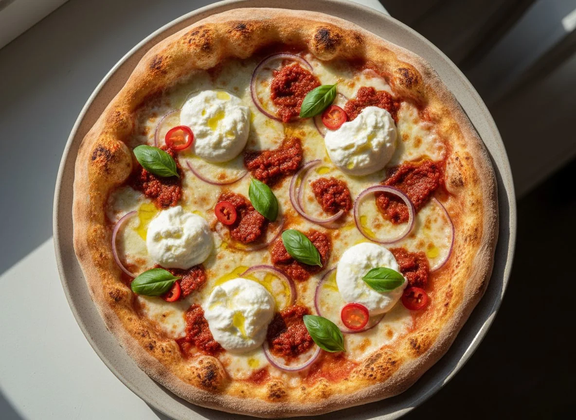 Pizza mit 'Nduja, roten Zwiebeln und Burrata photo