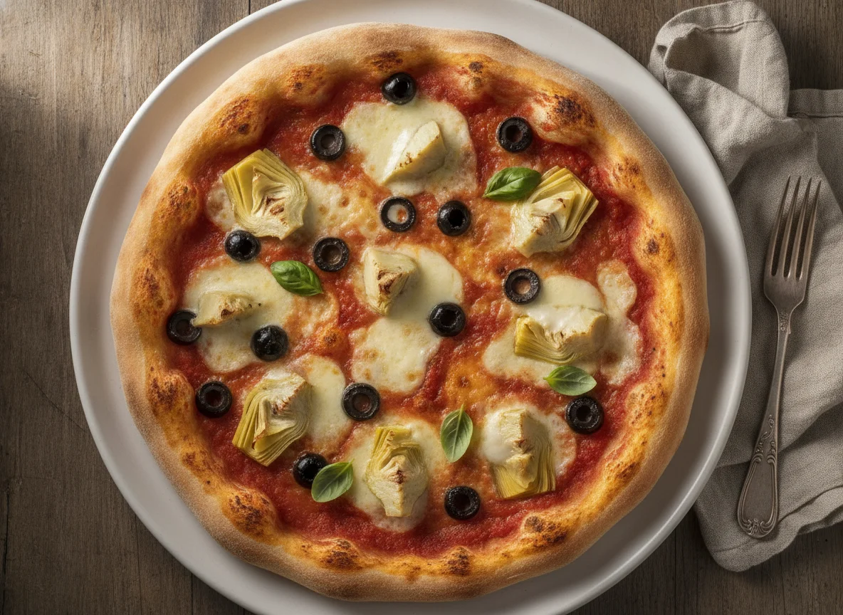 Pizza mit Oliven und Artischocken photo