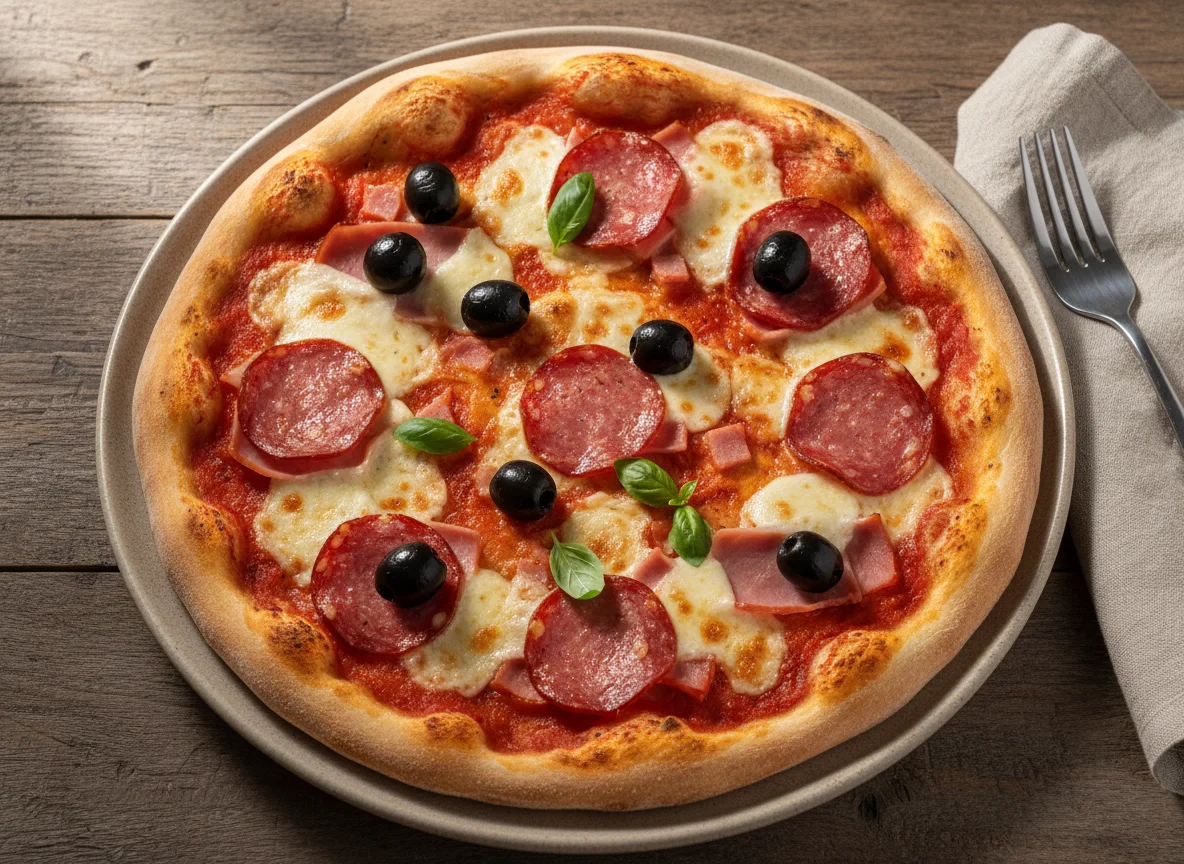 Pizza mit Oliven und Salami photo