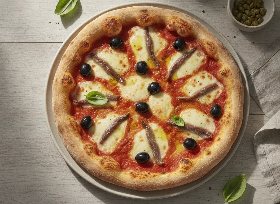 Pizza mit Oliven und Sardellen photo