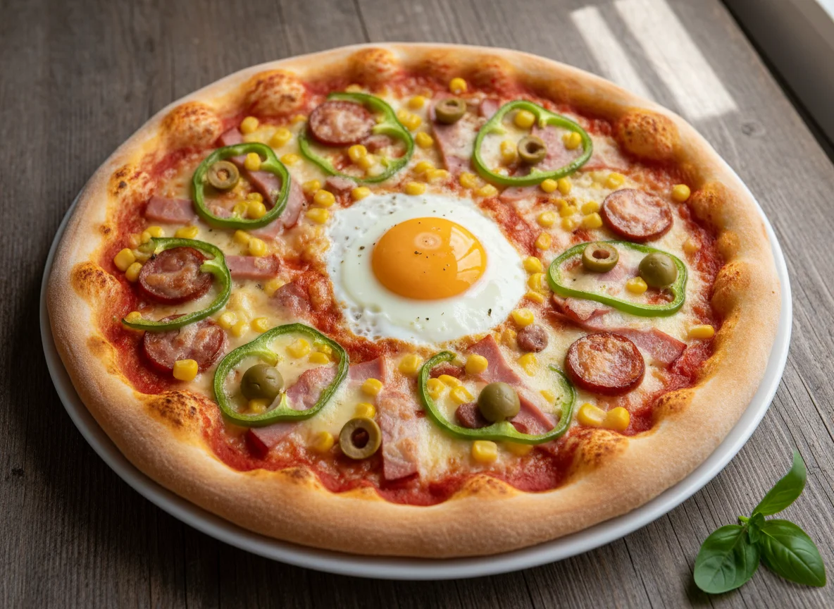 Pizza mit Paprika, Mais, Oliven und Ei photo