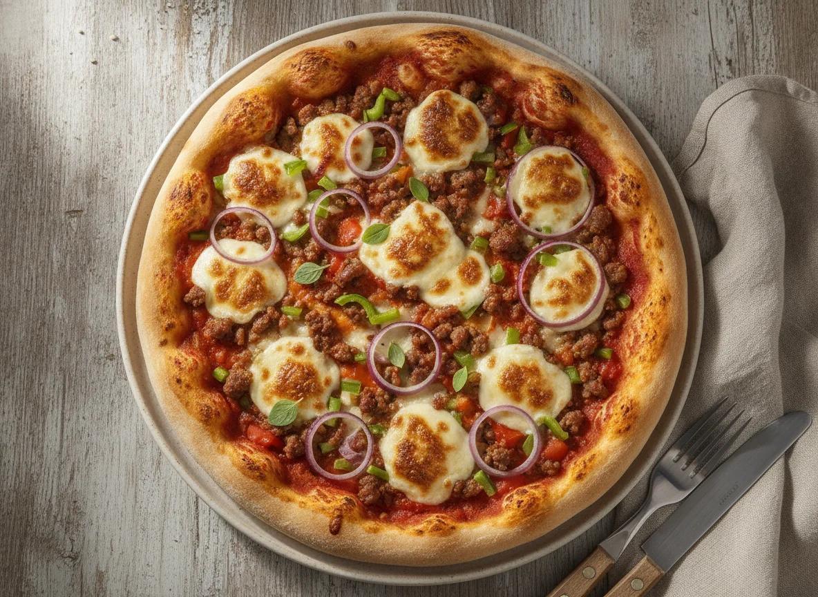Pizza mit Paprika, Zwiebeln und Hackfleisch photo