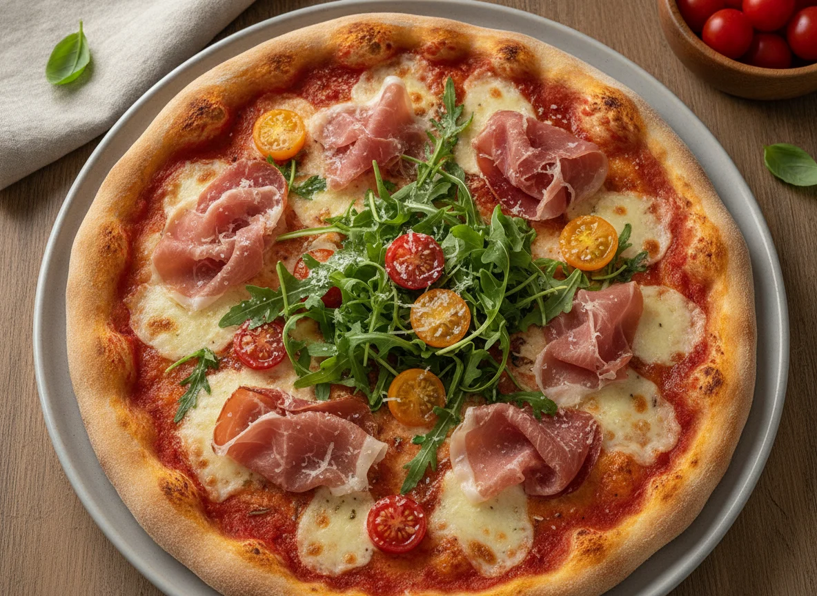Pizza mit Parmaschinken, Rucola und Kirschtomaten photo