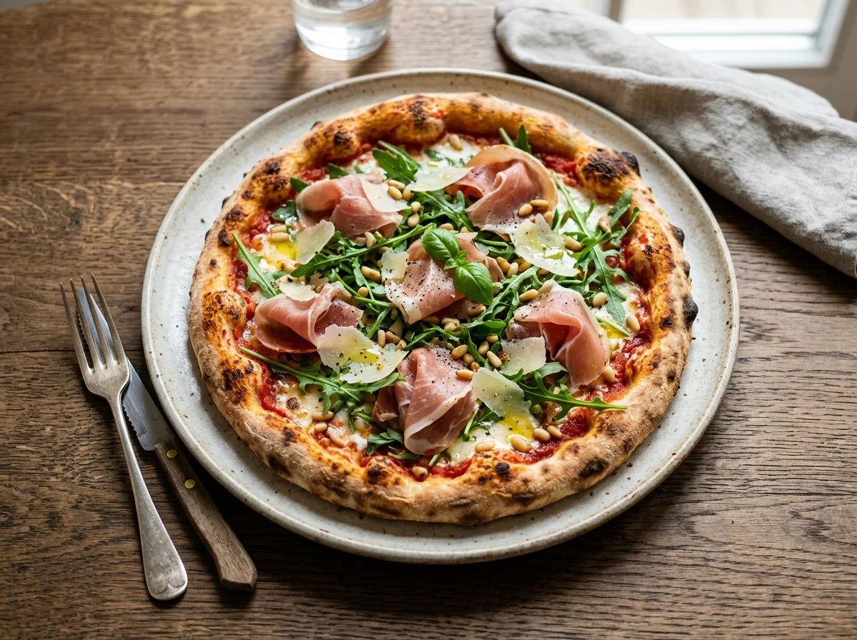 Pizza mit Parmaschinken, Rucola und Parmesan photo