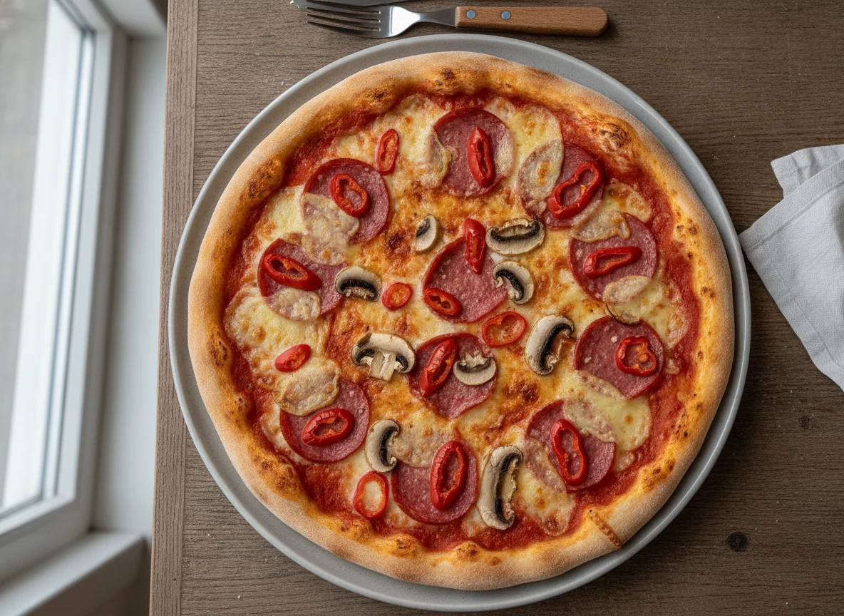 Pizza mit Peperoni und Pilzen photo