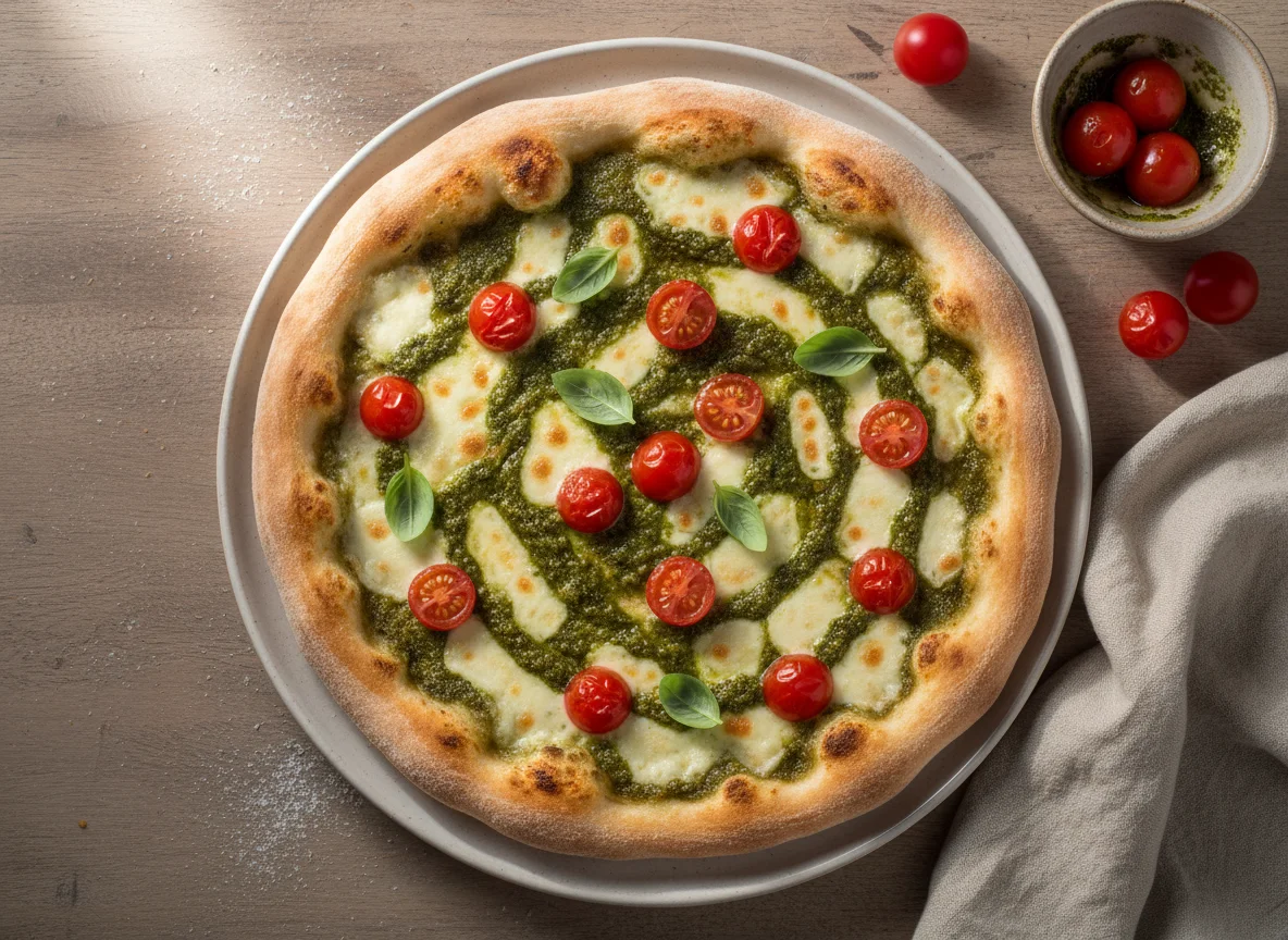 Pizza mit Pesto und Kirschtomaten photo