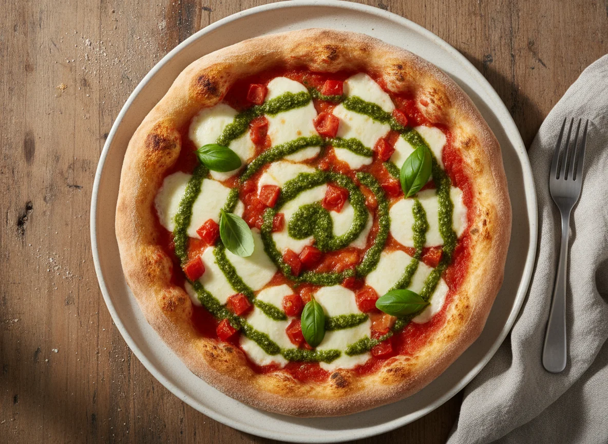 Pizza mit Pesto und Tomaten photo