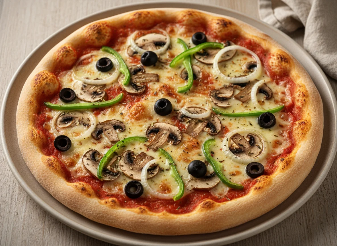 Pizza mit Pilzen, Oliven und Paprika photo
