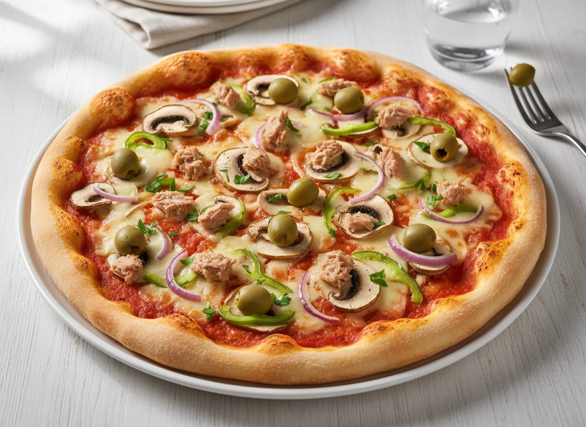 Pizza mit Pilzen, Oliven und Thunfisch photo