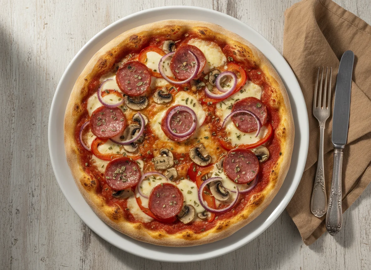 Pizza mit Pilzen, Paprika, Zwiebeln und Salami photo