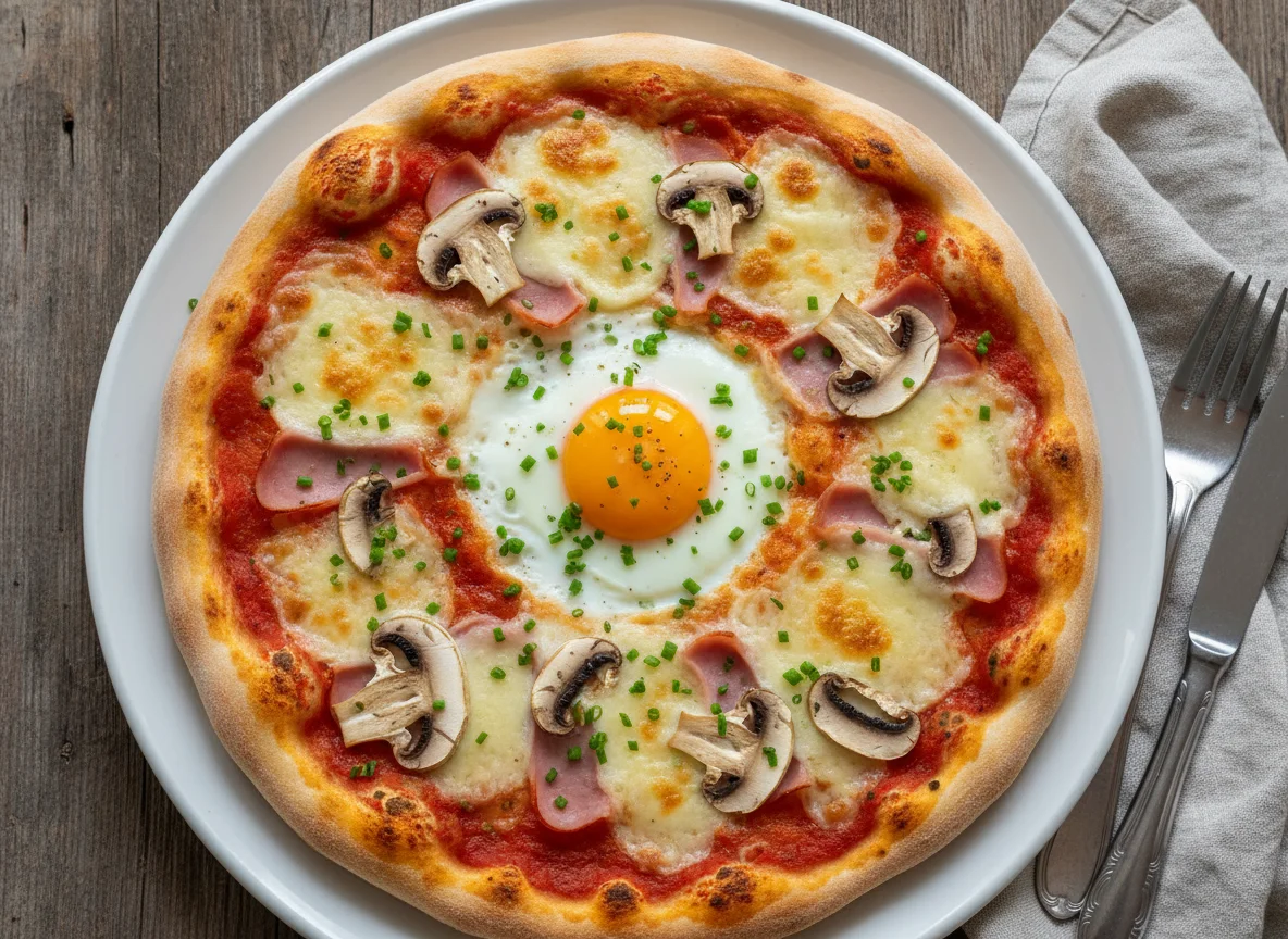 Pizza mit Pilzen, Schinken und Ei photo