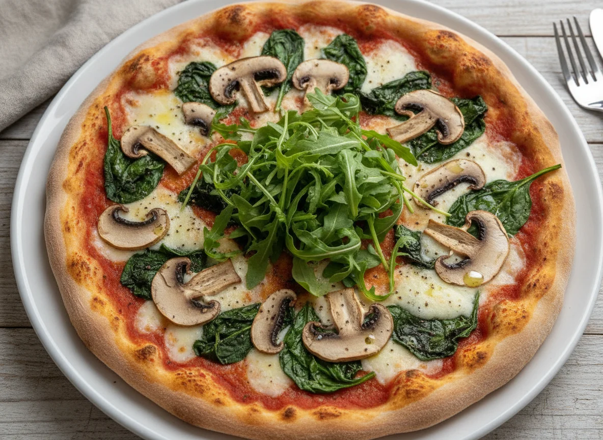 Pizza mit Pilzen, Spinat und Rucola photo