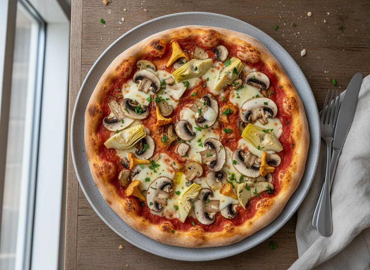 Pizza mit Pilzen und Artischocken photo