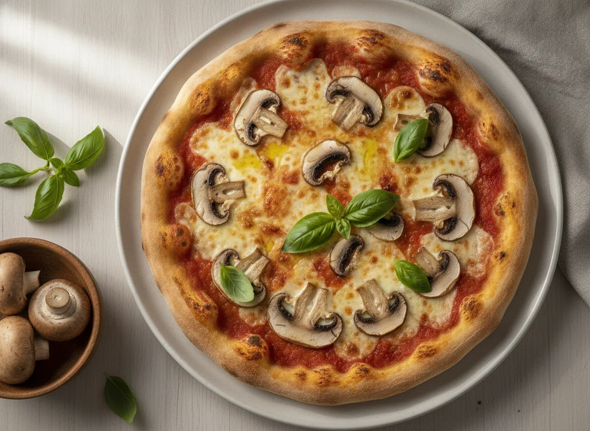 Pizza mit Pilzen und Basilikum photo