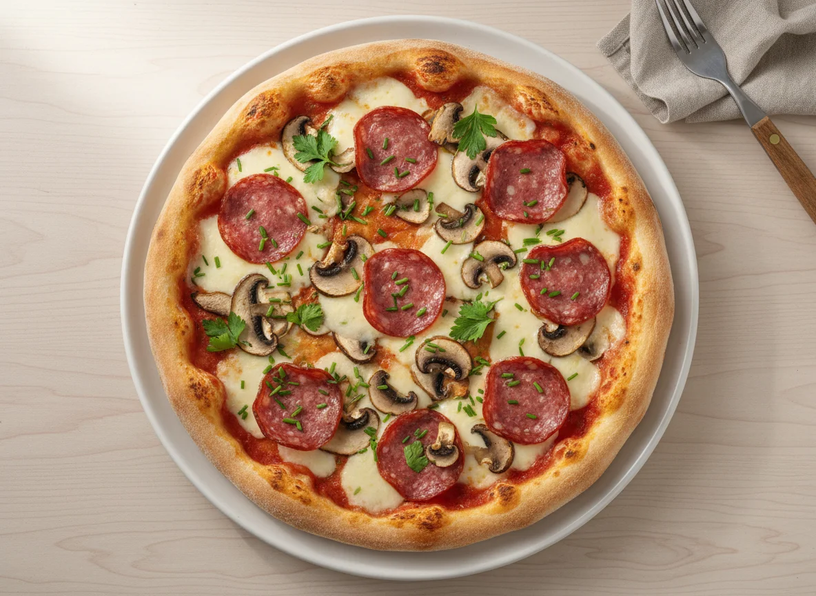 Pizza mit Pilzen und Salami photo