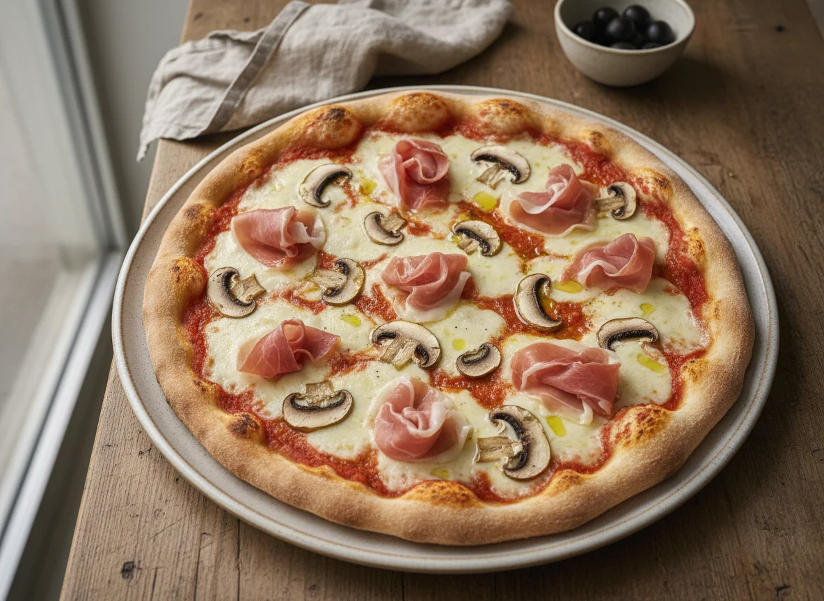 Pizza mit Pilzen und Schinken photo