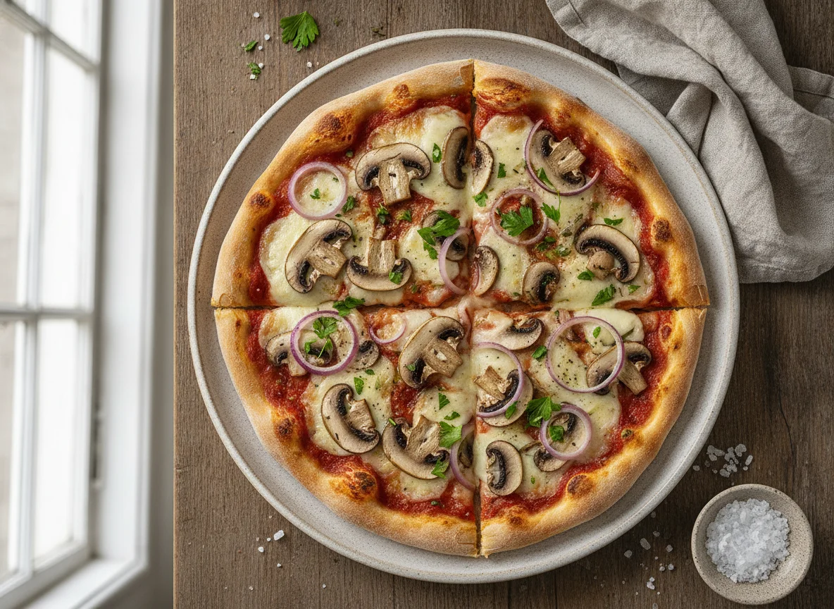 Pizza mit Pilzen und Zwiebeln photo
