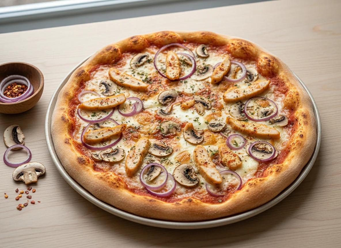 Pizza mit Pilzen, Zwiebeln und Hähnchen photo
