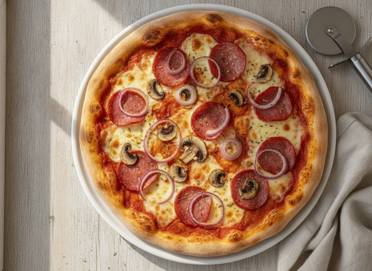 Pizza mit Pilzen, Zwiebeln und Salami photo