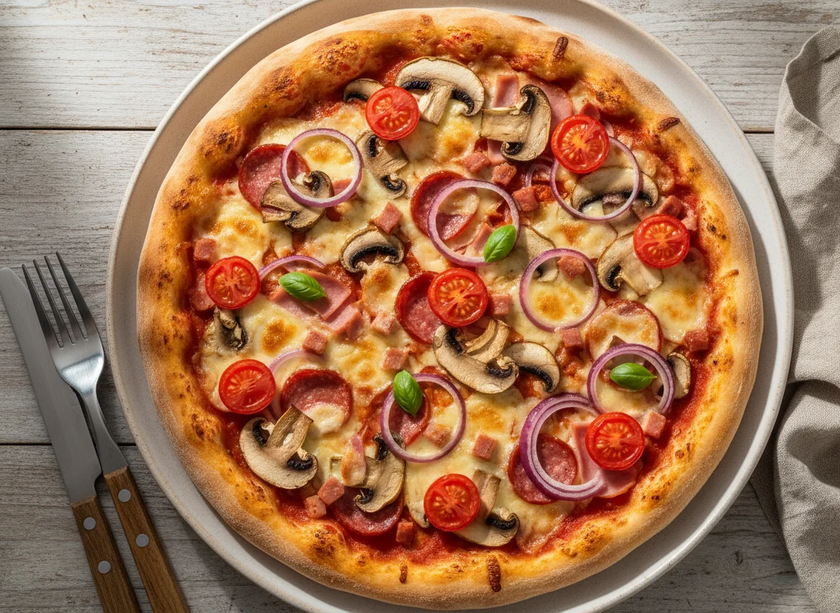 Pizza mit Pilzen, Zwiebeln und Tomaten photo