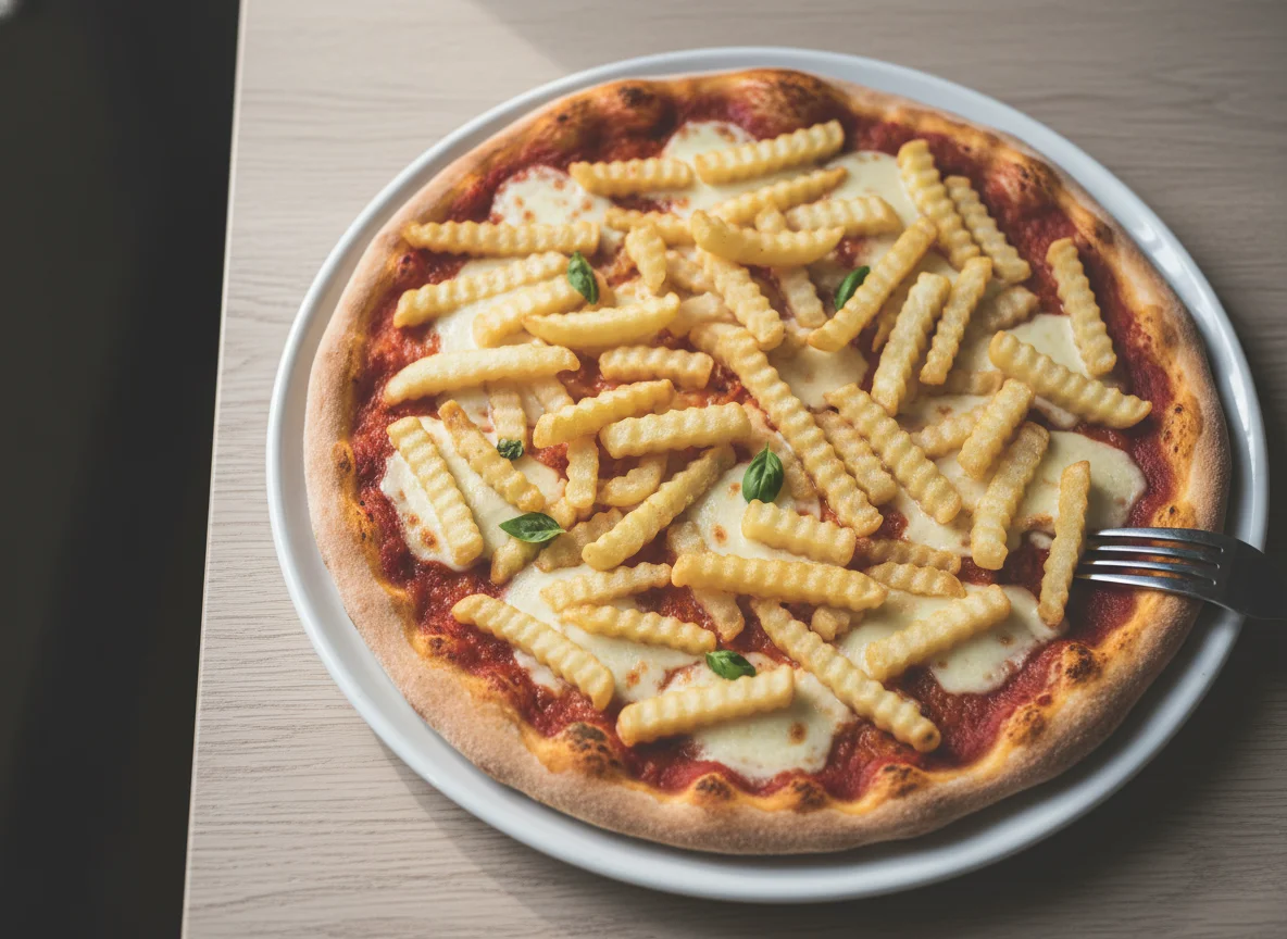 Pizza mit Pommes Frites photo