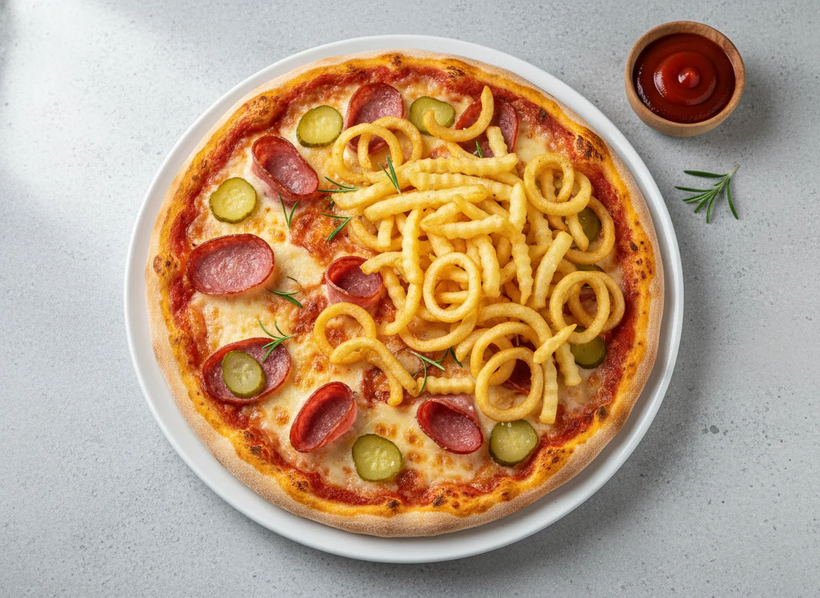 Pizza mit Pommes und Curly Fries photo