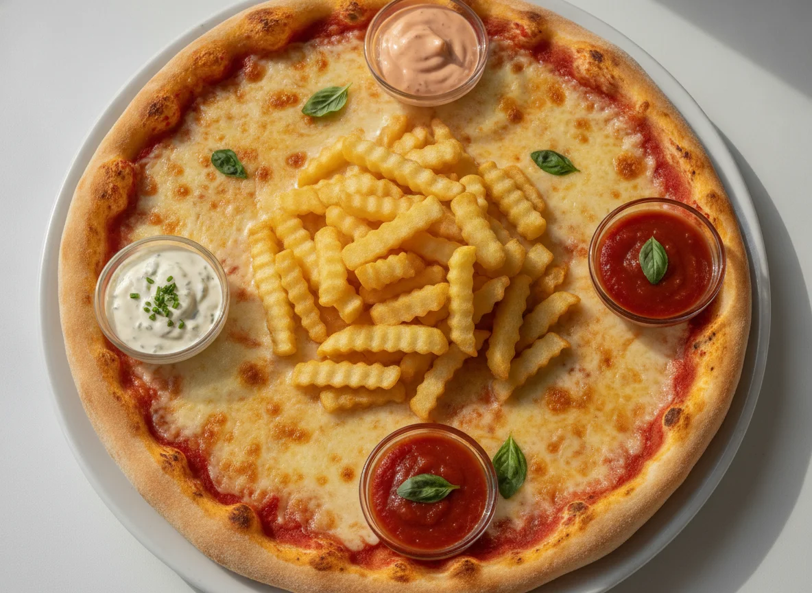 Pizza mit Pommes und Saucen photo