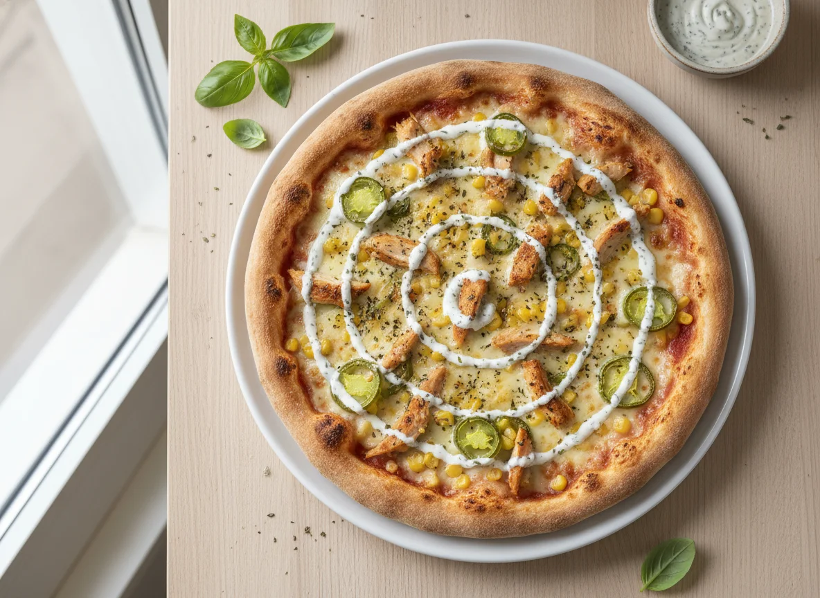 Pizza mit Poulet, Jalapeños und Sauce photo