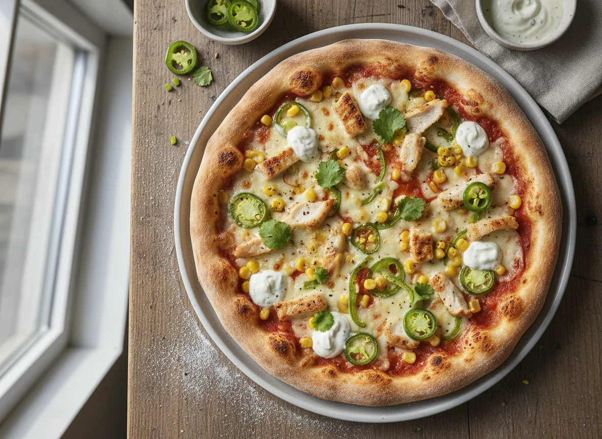 Pizza mit Poulet und Jalapeños photo