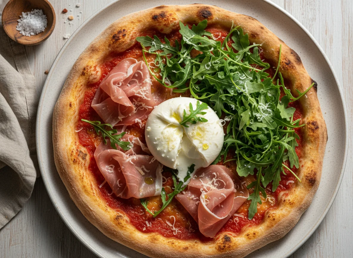 Pizza mit Prosciutto, Burrata, Rucola und Parmesan photo