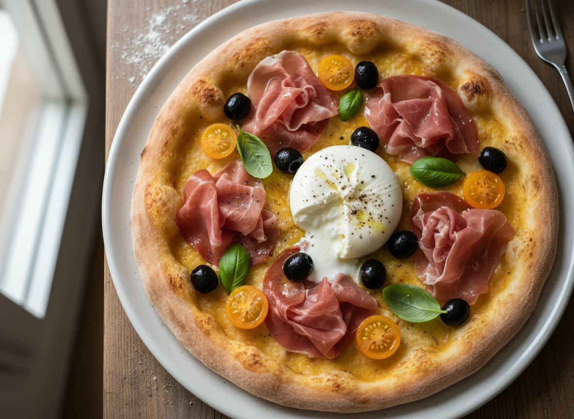 Pizza mit Prosciutto, Burrata und Oliven photo
