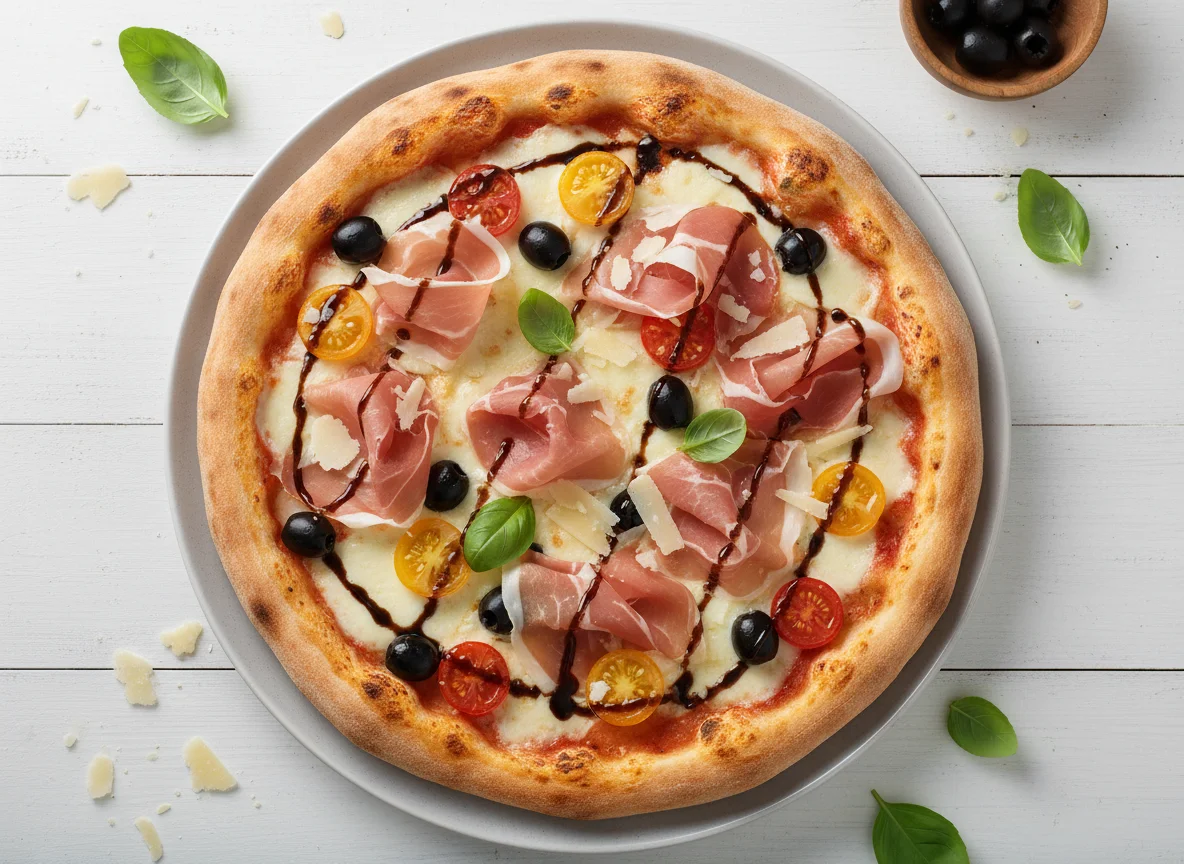 Pizza mit Prosciutto, Kirschtomaten, Oliven und Balsamico photo