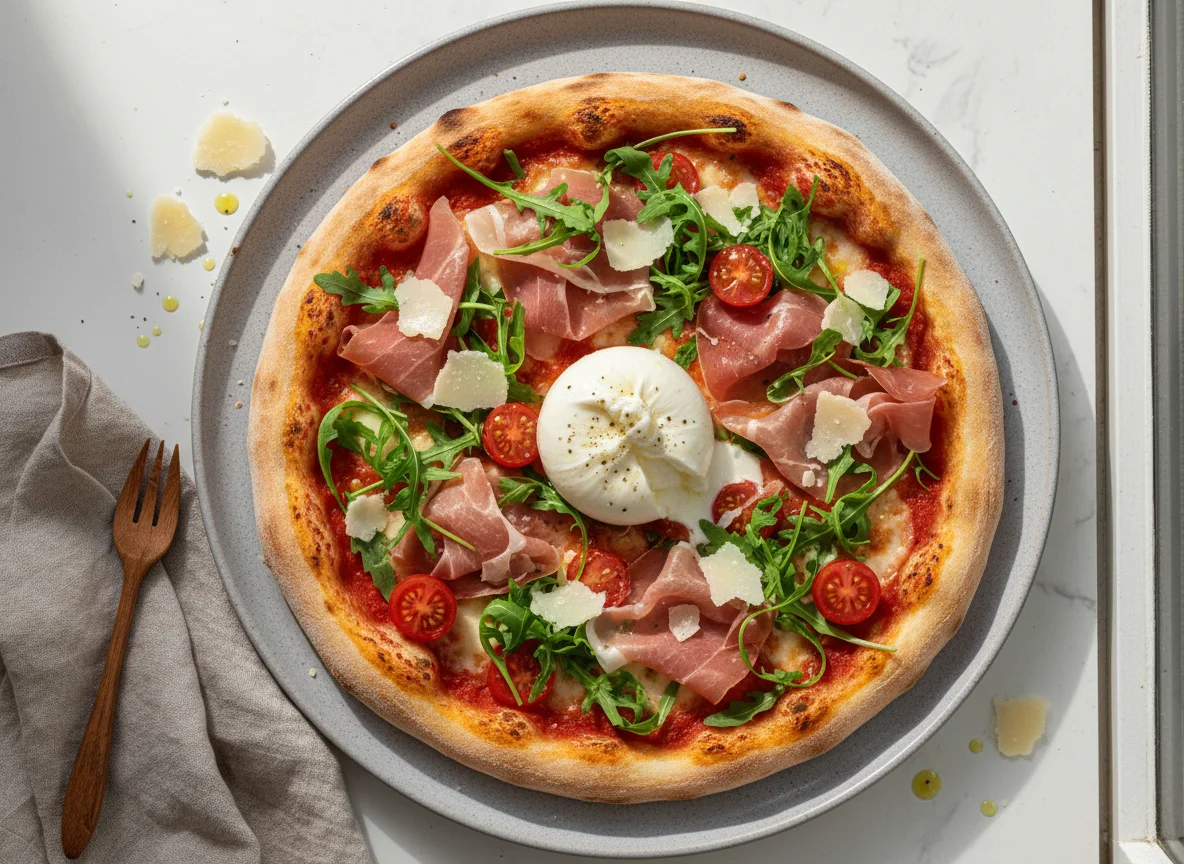 Pizza mit Prosciutto, Rucola und Burrata photo