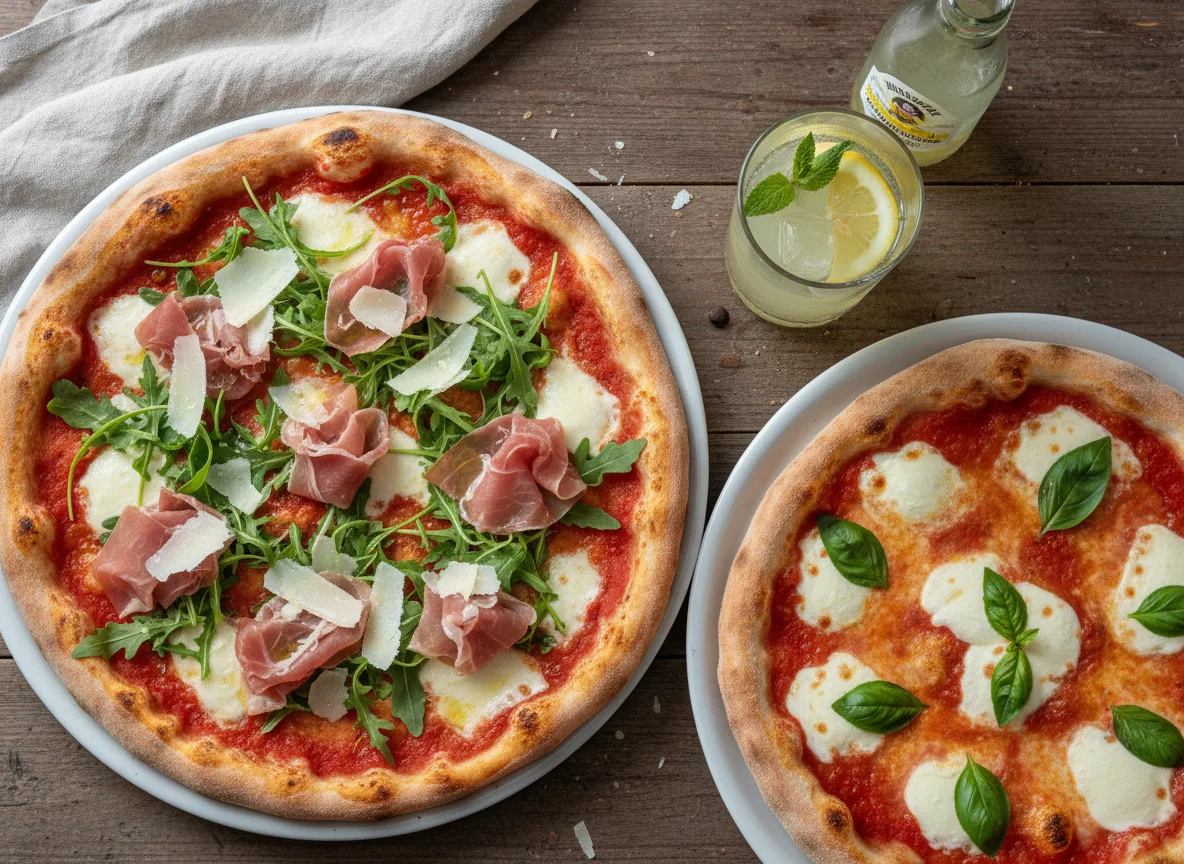 Pizza mit Prosciutto, Rucola und Parmesan & Pizza Margherita & Zitronenlimonade photo