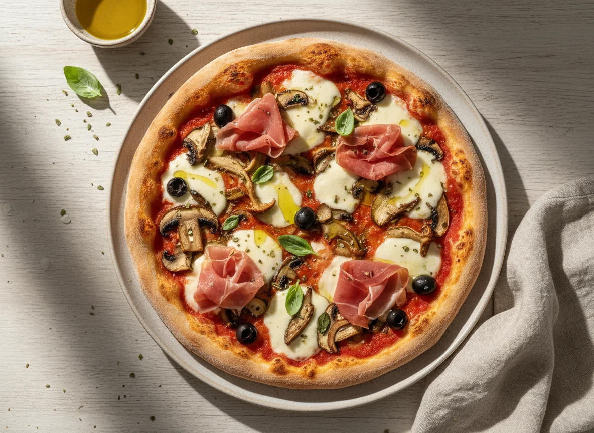 Pizza mit Prosciutto und Pilzen photo