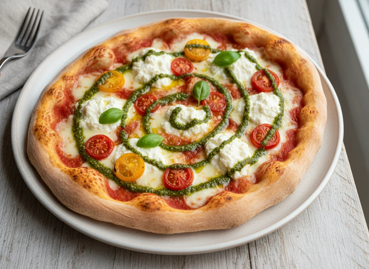 Pizza mit Ricotta, Tomaten und Pesto photo