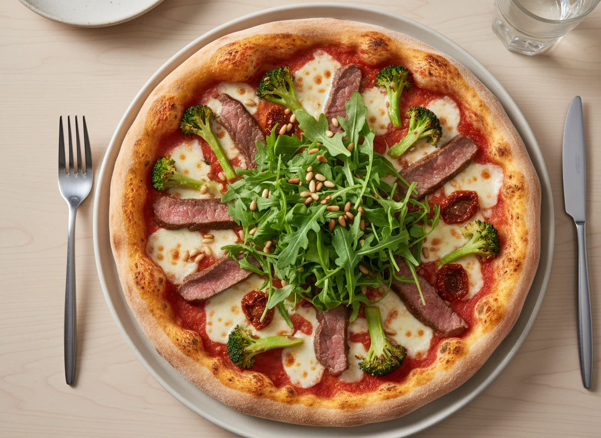 Pizza mit Rindfleisch, Brokkoli und Rucola photo