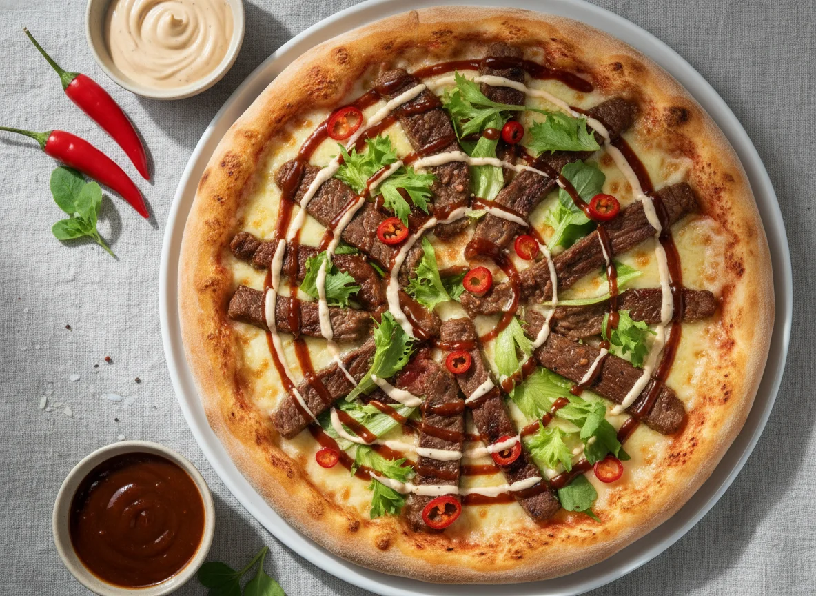 Pizza mit Rindfleisch und Saucen photo