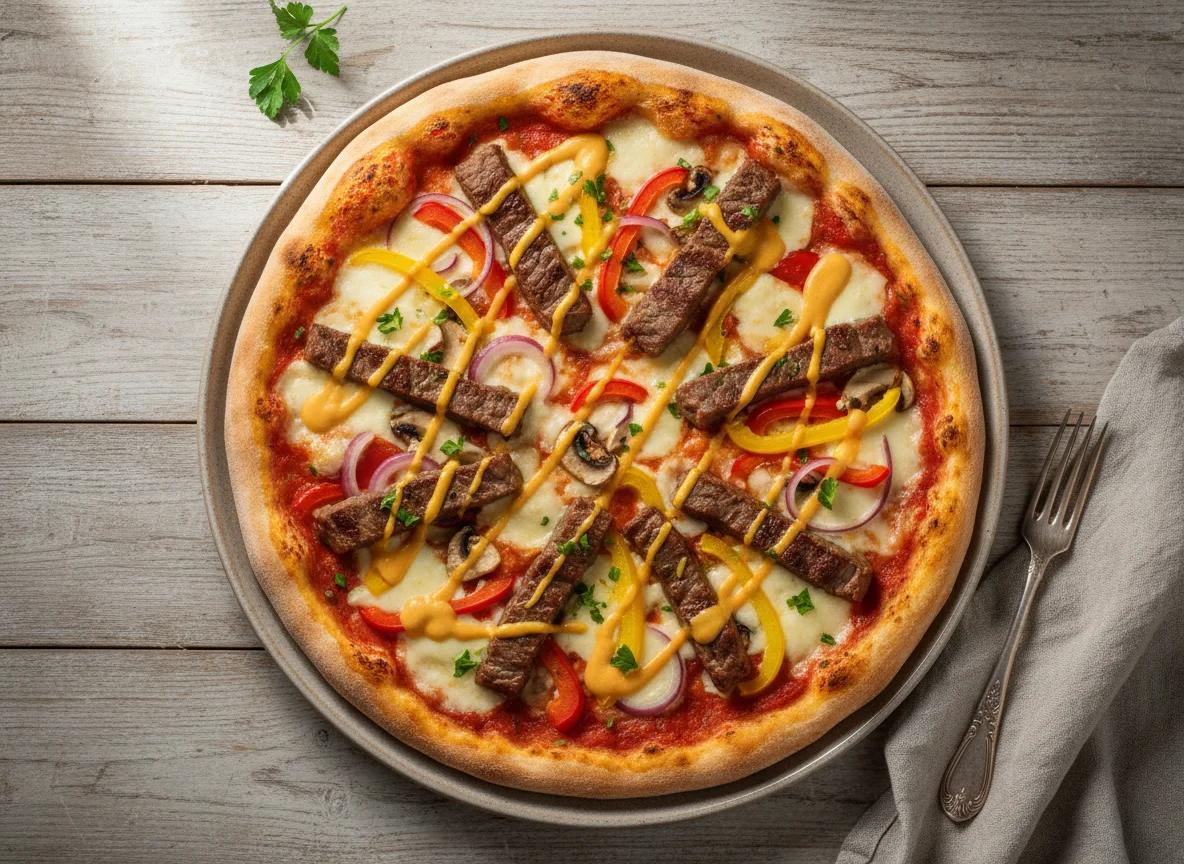 Pizza mit Rindfleischstreifen, Paprika und Cheddar-Sauce photo
