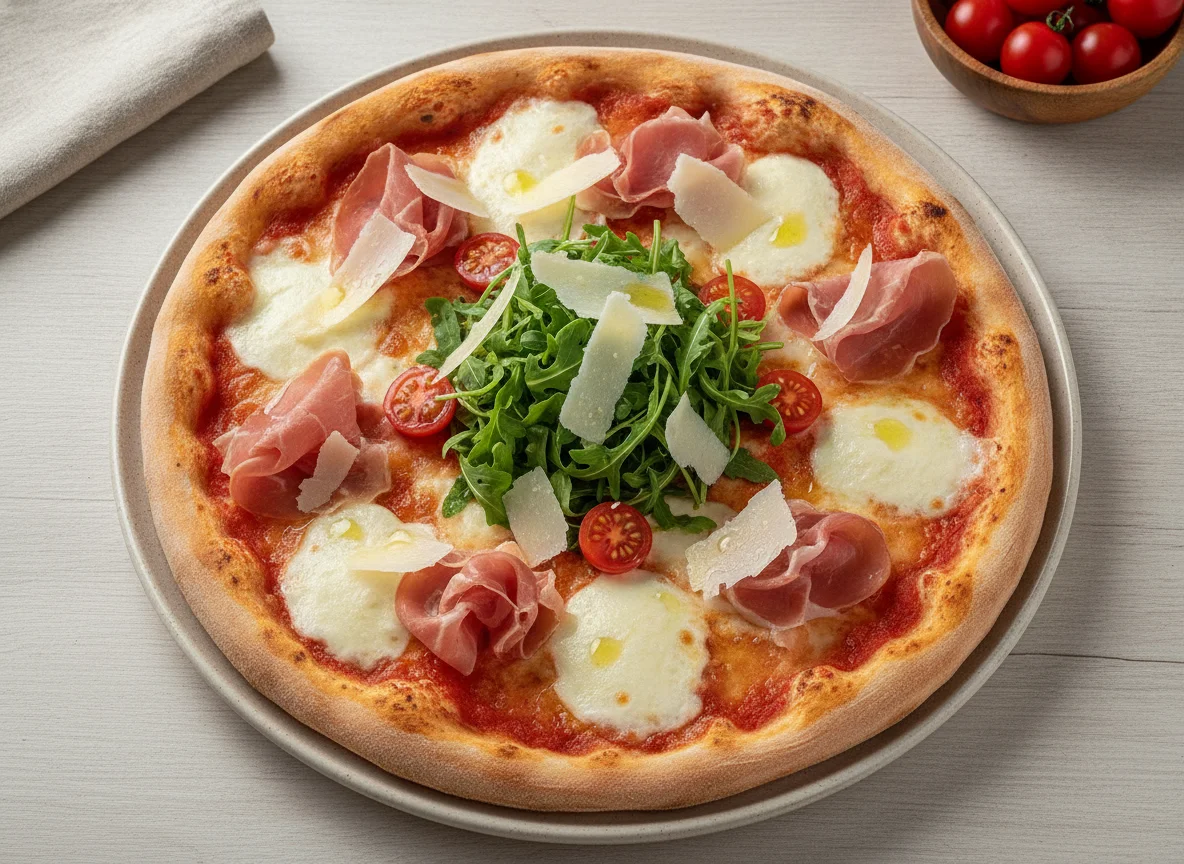 Pizza mit Rohschinken, Rucola und Kirschtomaten photo