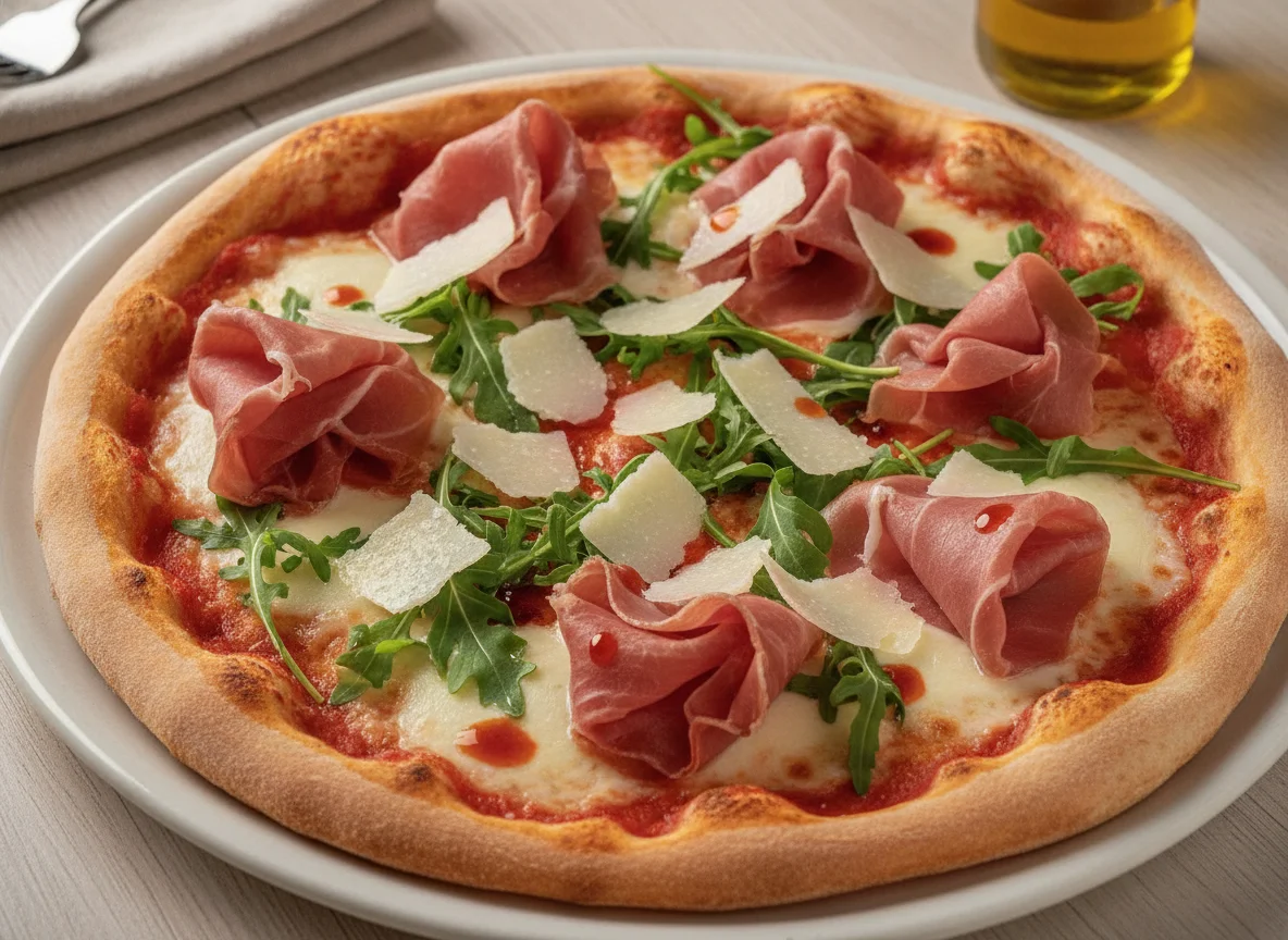 Pizza mit Rohschinken, Rucola und Parmesan photo