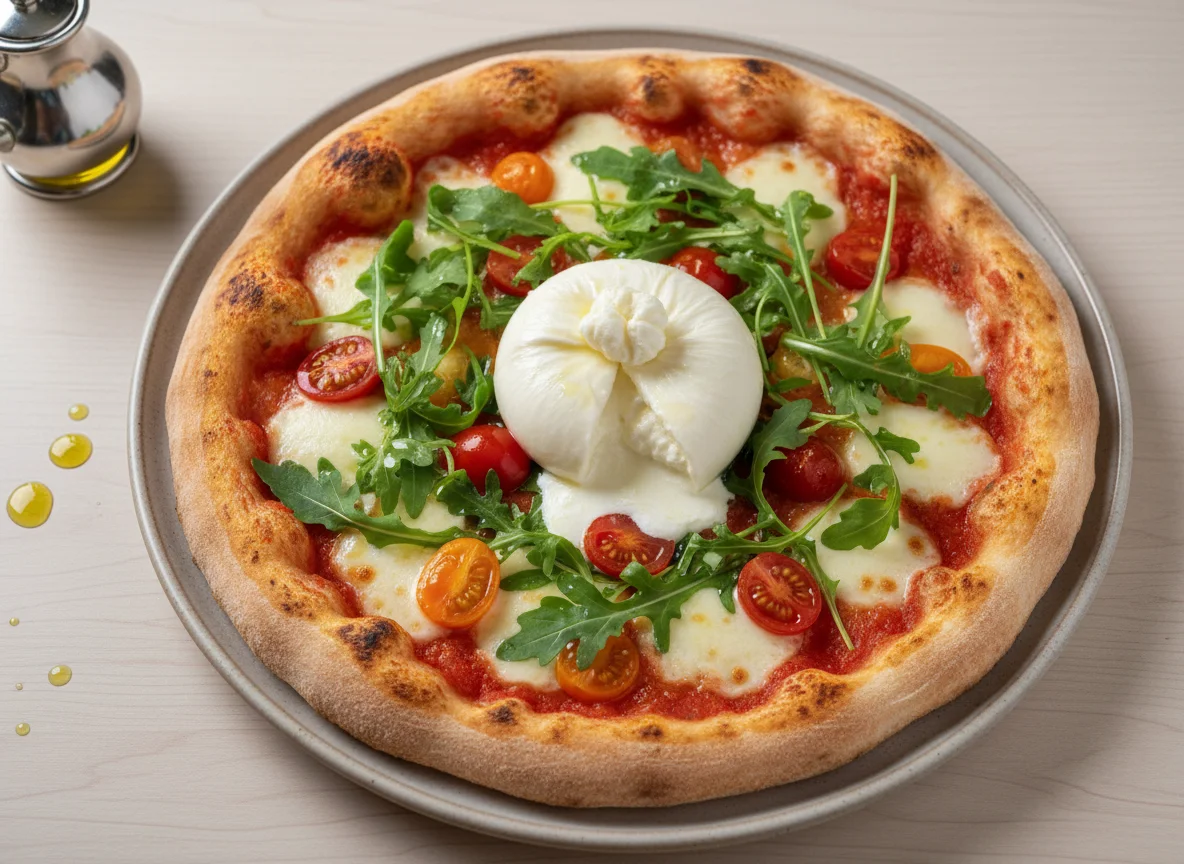 Pizza mit Rucola, Kirschtomaten und Burrata photo