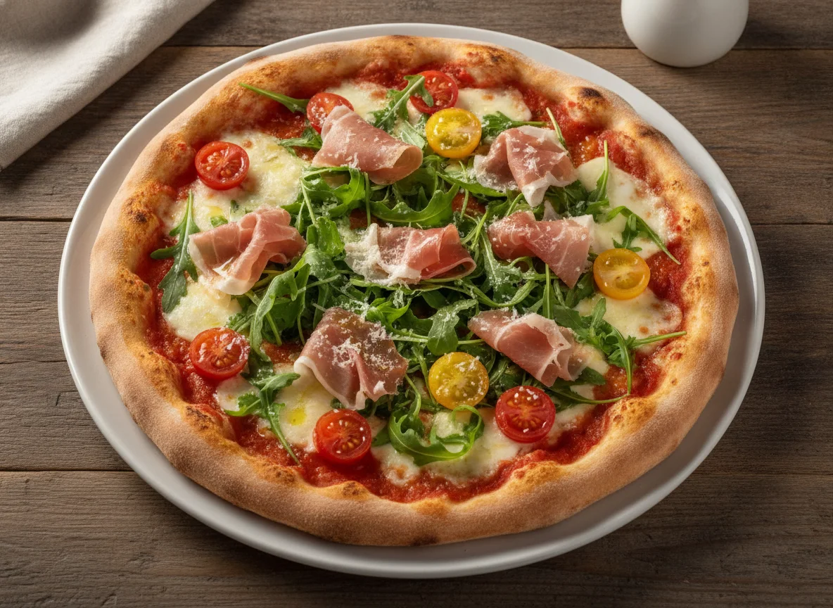 Pizza mit Rucola, Kirschtomaten und Parmaschinken photo