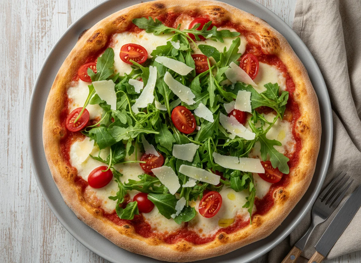 Pizza mit Rucola, Kirschtomaten und Parmesan photo