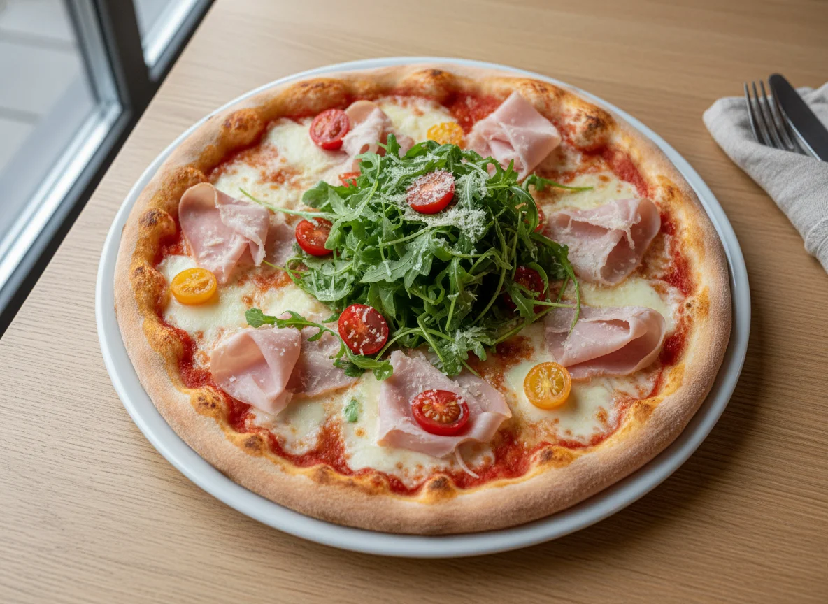 Pizza mit Rucola, Kirschtomaten und Schinken photo