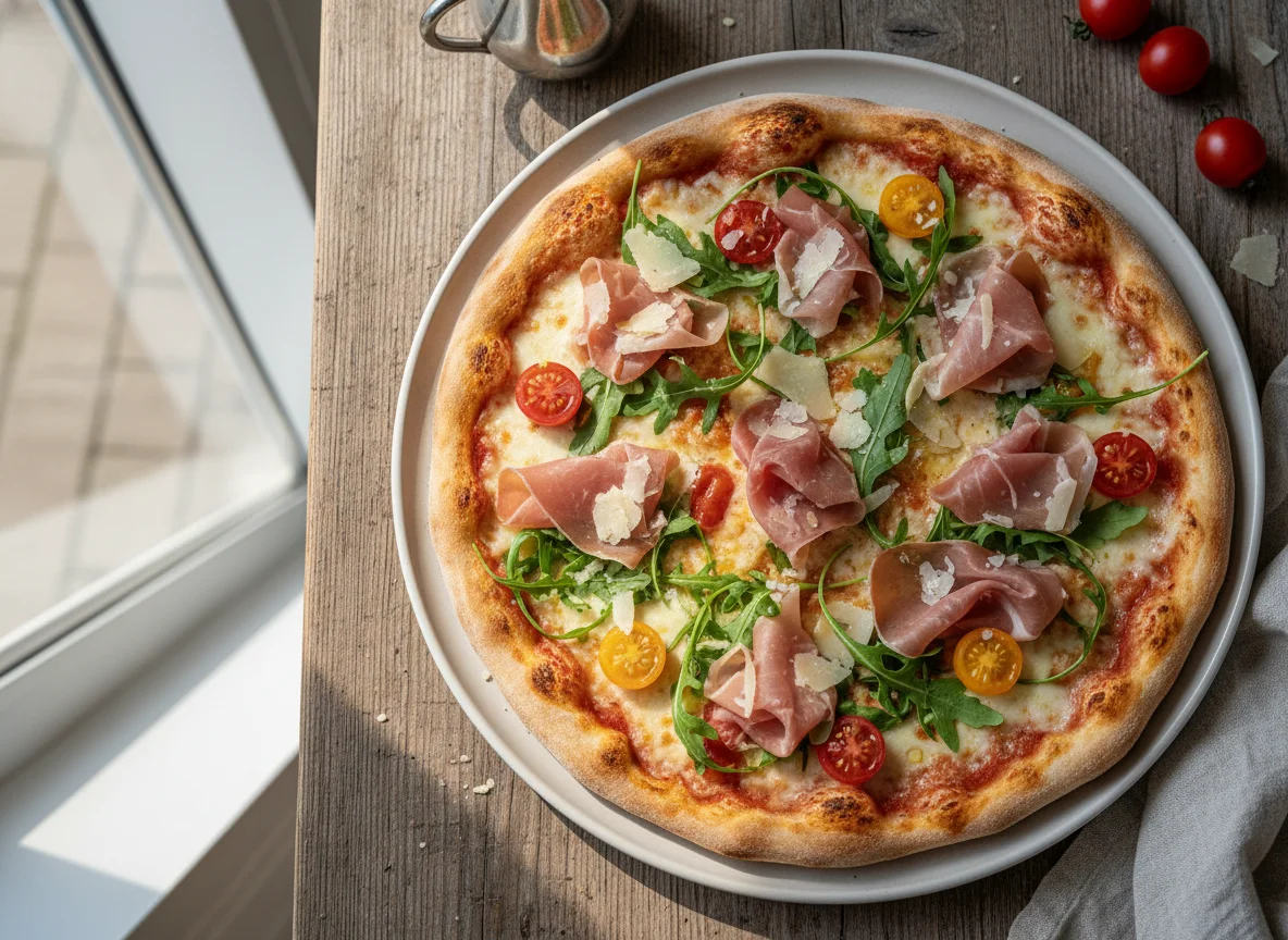Pizza mit Rucola, Parmaschinken und Kirschtomaten photo