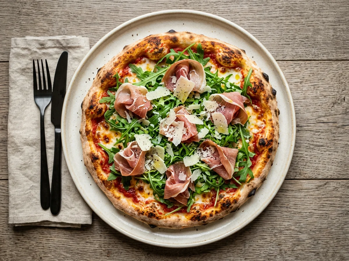 Pizza mit Rucola, Parmaschinken und Mozzarella photo